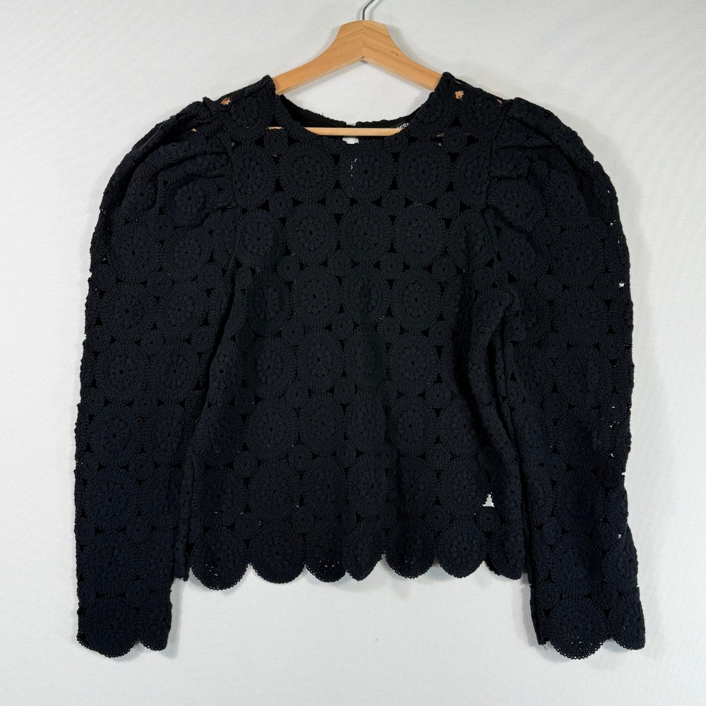 Express Crochet Top Women Medium Black Puff Sleeve Scallop Boho Goth Romantic
